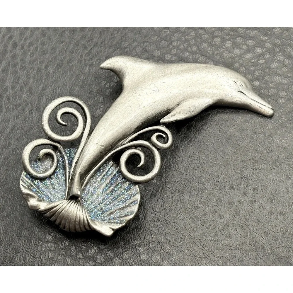 JJ Jonette Pewter Dolphin & Seashell Brooch Pin with Glitter Enamel Accents